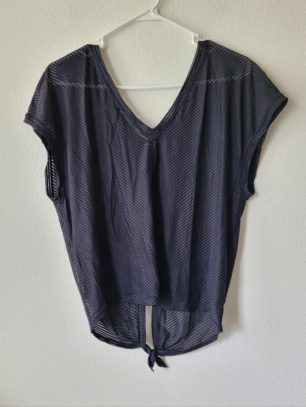 Lululemon Athletica Black Striped Short Sleeve Tie Back Top Sheer Mesh
